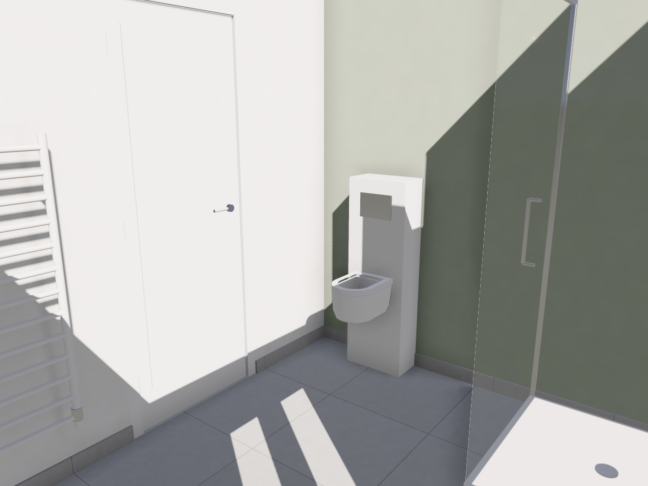 WC suspendu et paroi de douche, mur vert sauge
