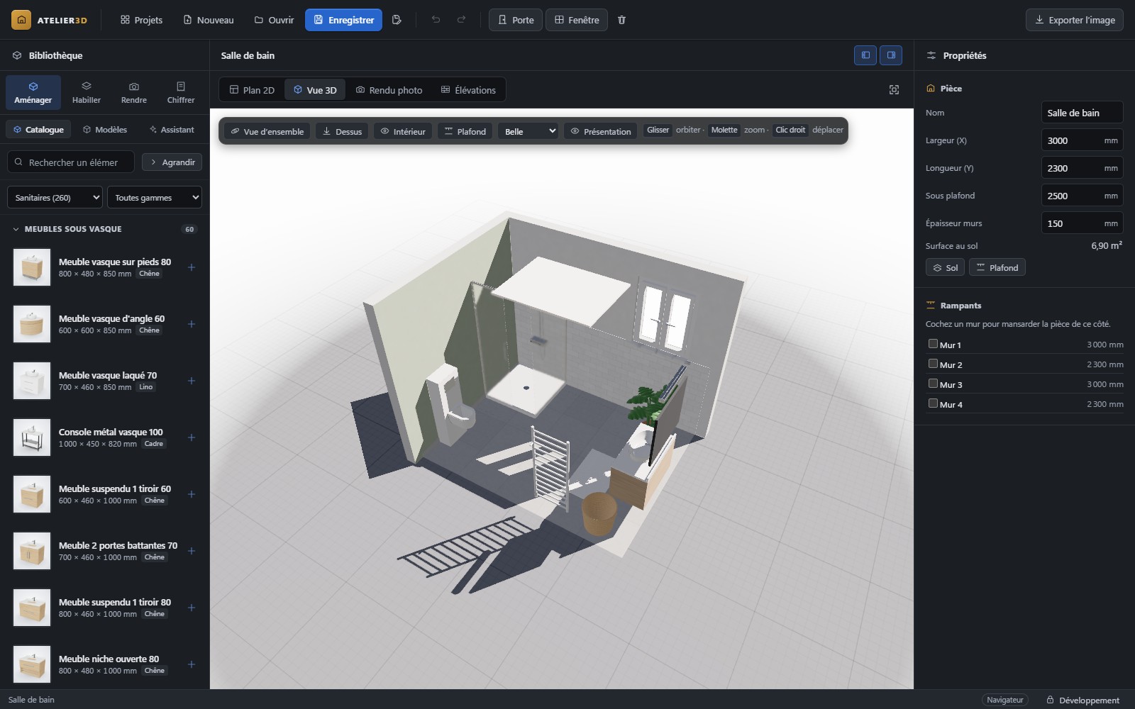 Interface de 3D Rénov : la même salle de bains en vue 3D, catalogue à gauche, propriétés à droite