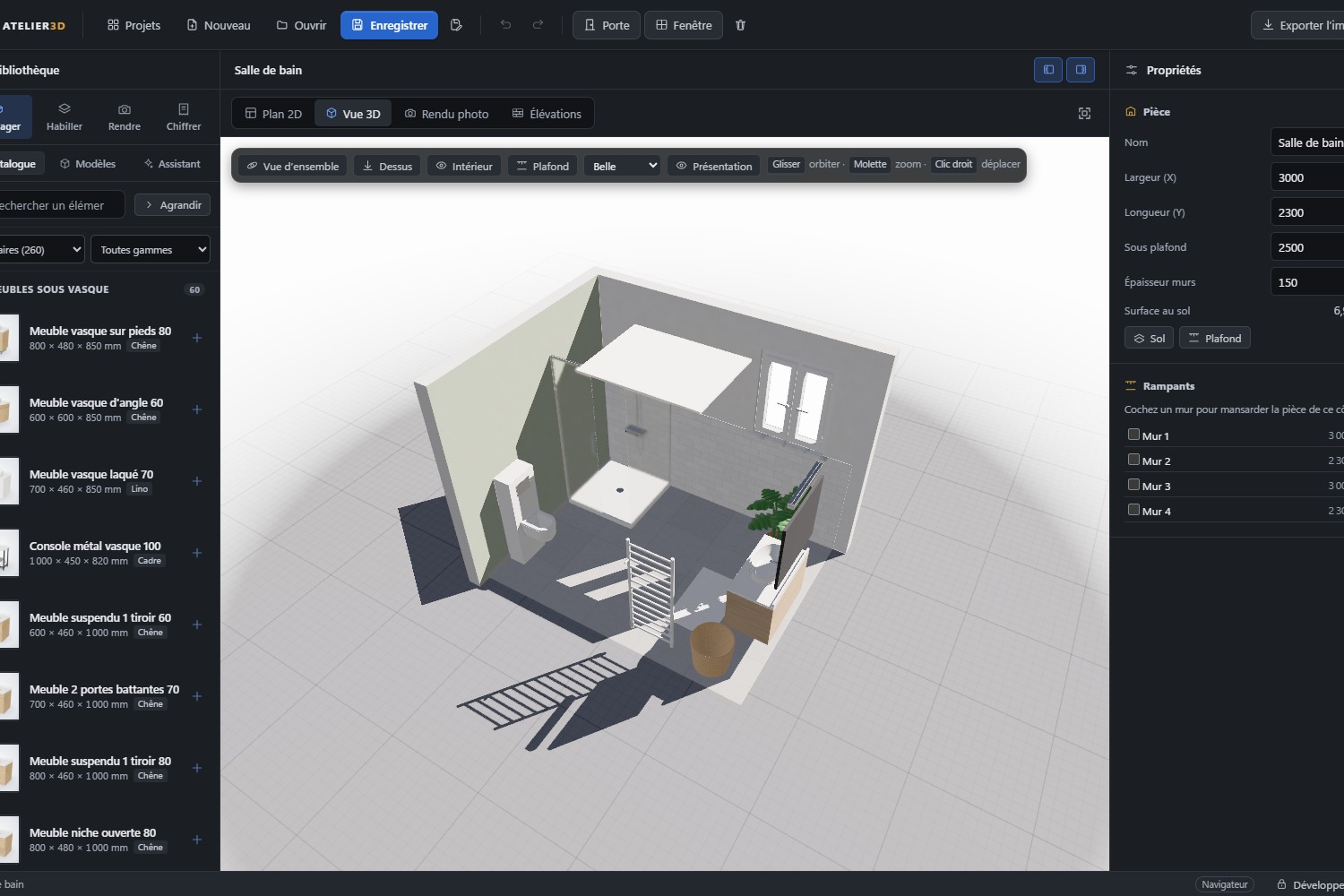 Interface complète : catalogue, vue 3D et propriétés