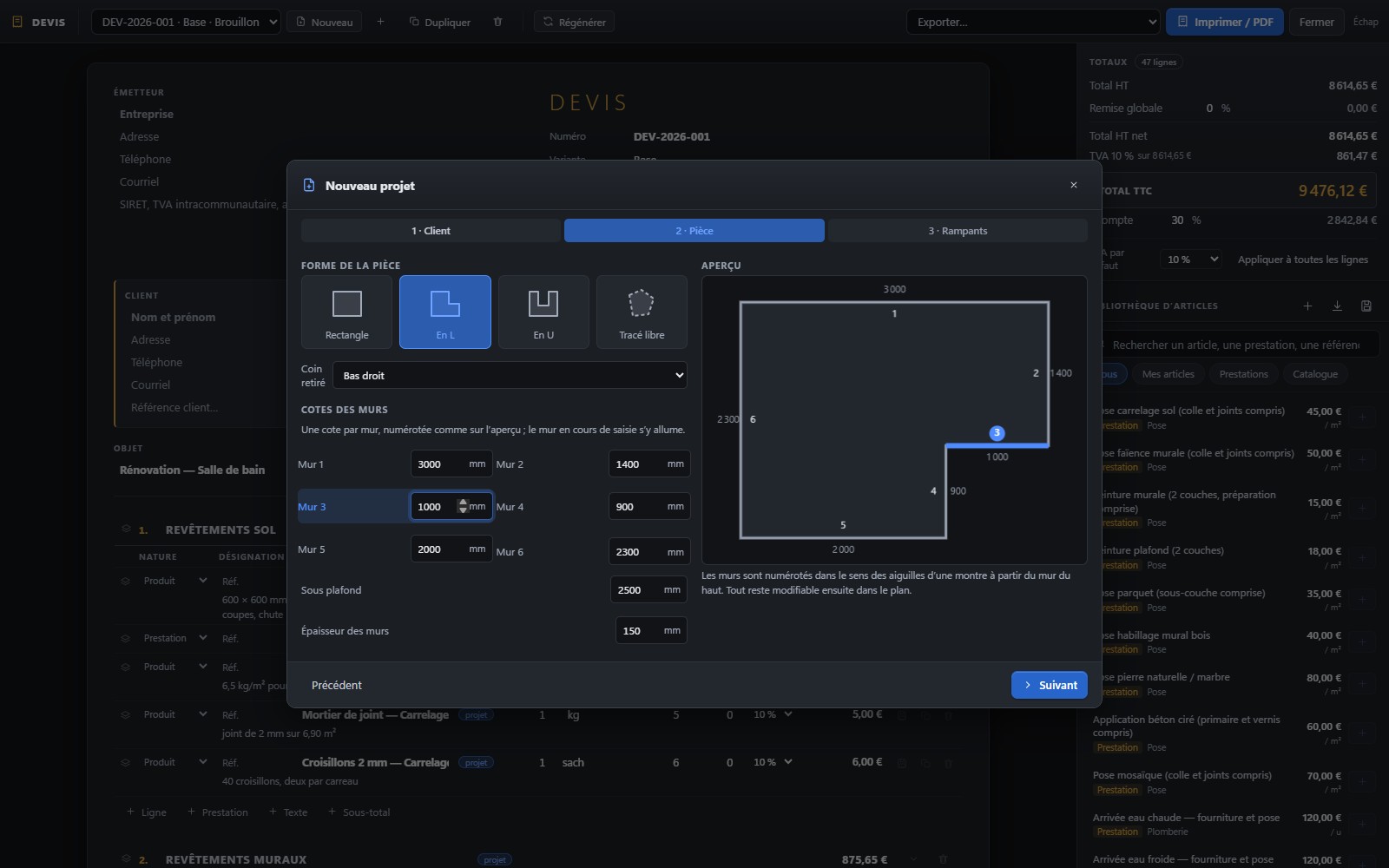 Assistant Nouveau projet : forme en L, cotes mur par mur